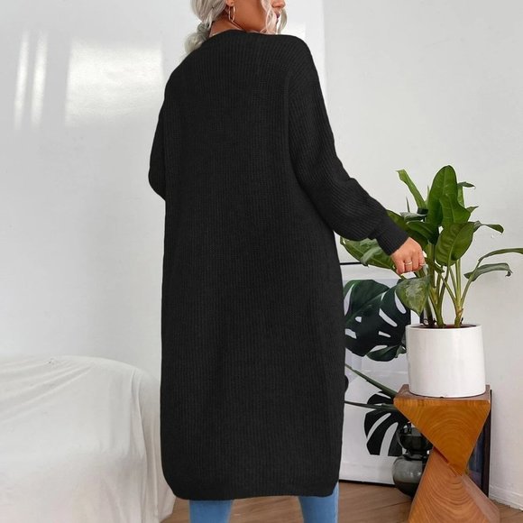 Black Preppy Womens Double Pocket Drop Shoulder Duster Cardigan - Picture 3 of 5